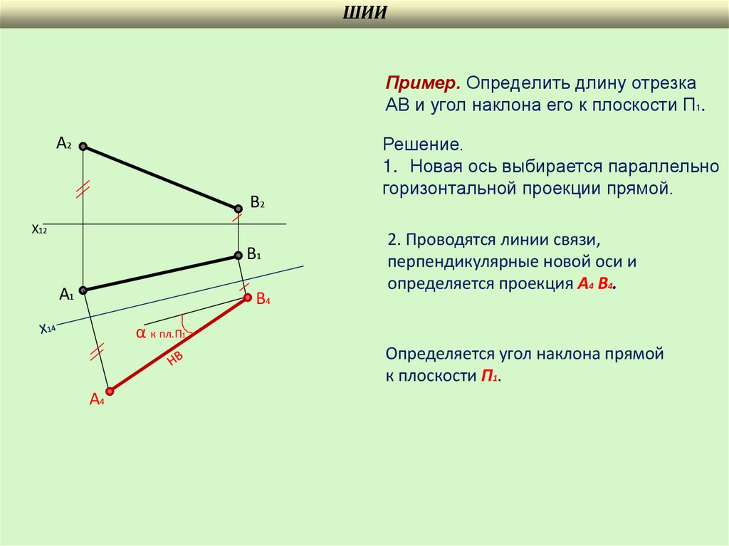 Пример. Определить длину отрезка АВ и угол наклона его к плоскости П1.