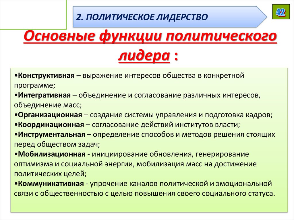  Основные функции политического лидера :
