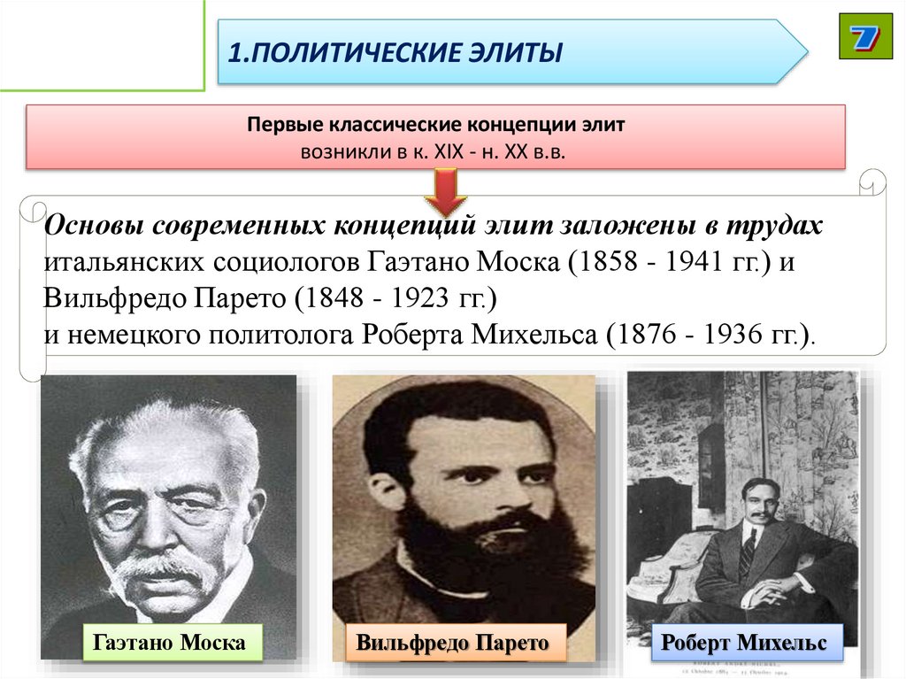 Первые классические концепции элит возникли в к. ХIХ - н. ХХ в.в. 