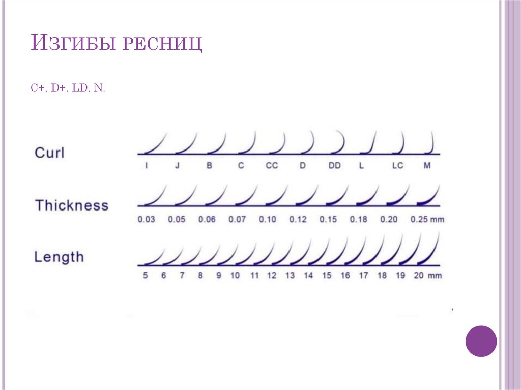 Изгибы ресниц С+, D+, LD, N.