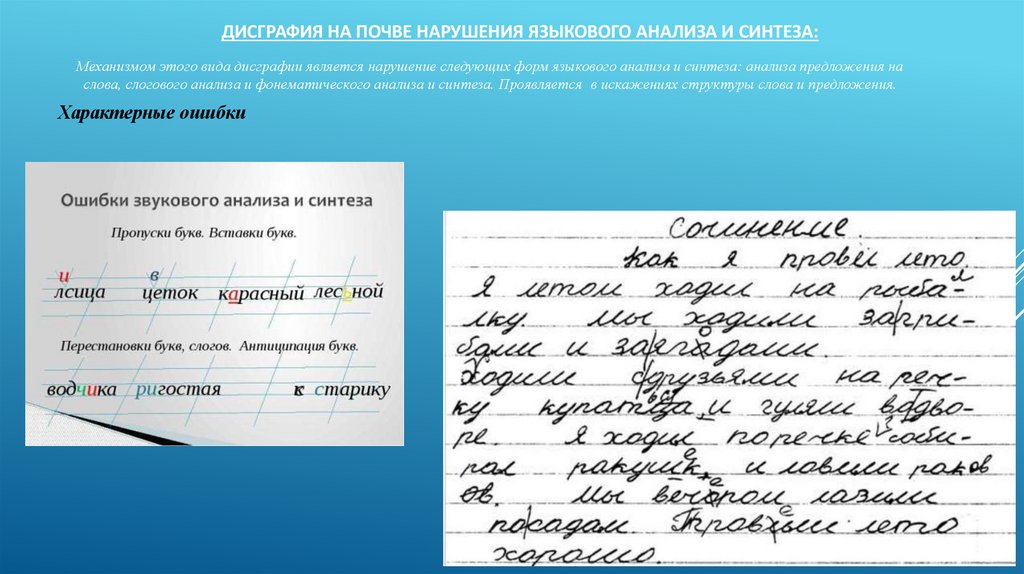 Дисграфия на почве нарушения языкового анализа и синтеза: