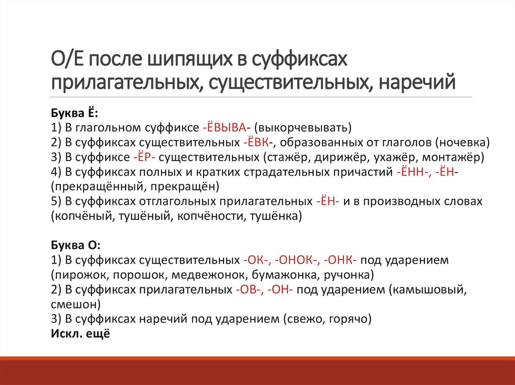О/Е после шипящих в суффиксах прилагательных, существительных, наречий