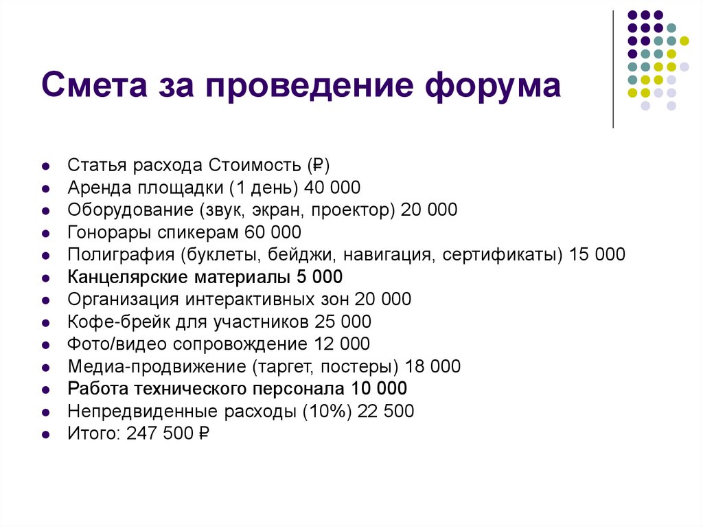Смета за проведение форума