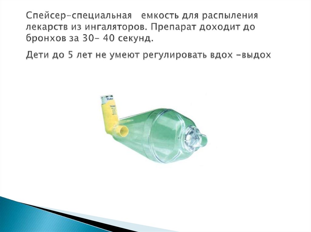 Спейсер-специальная емкость для распыления лекарств из ингаляторов. Препарат доходит до бронхов за 30- 40 секунд. Дети до 5 лет