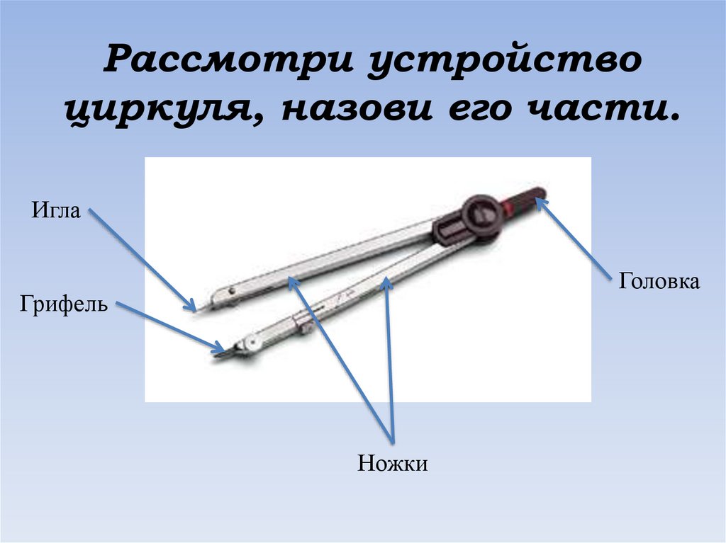 Рассмотри устройство циркуля, назови его части.