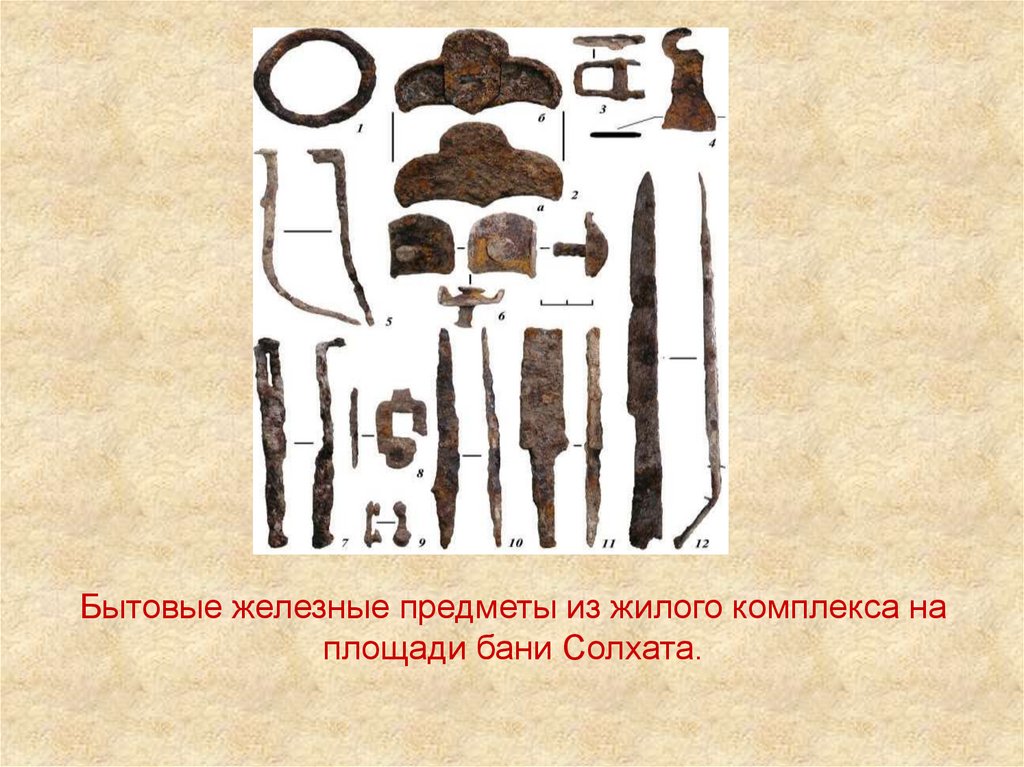 Бытовые железные предметы из жилого комплекса на площади бани Солхата.