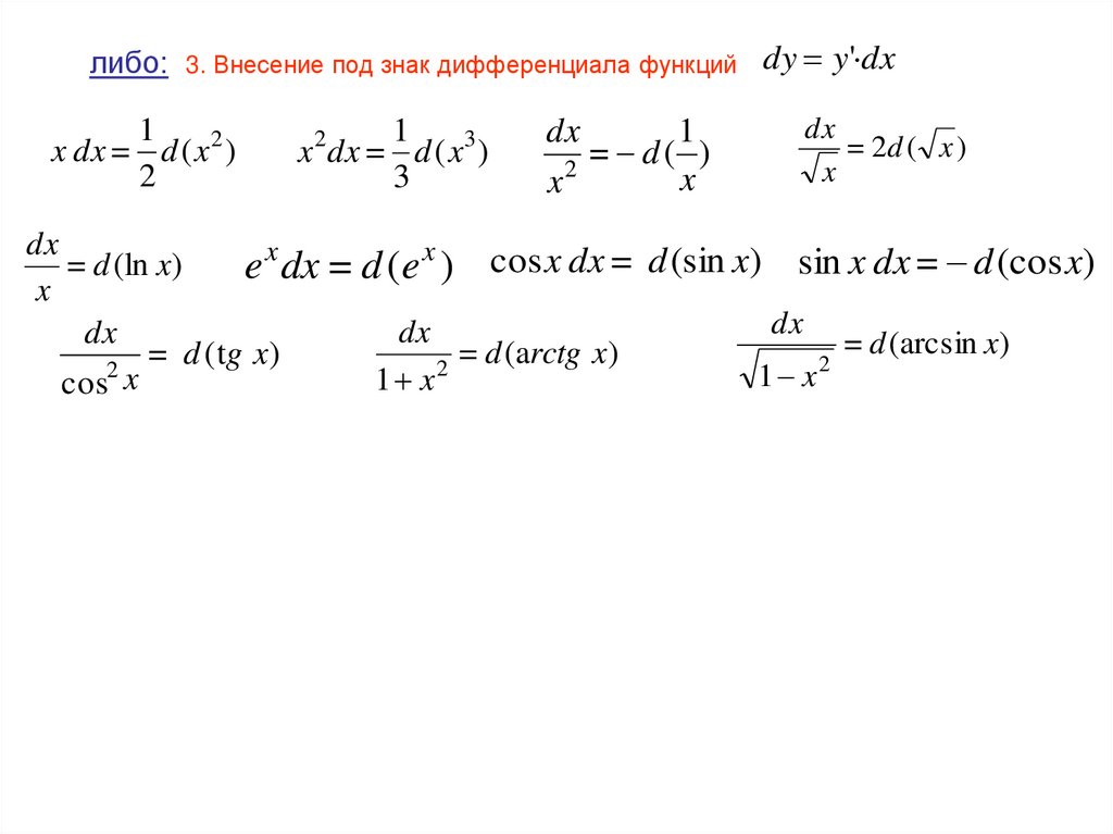 либо: 3. Внесение под знак дифференциала функций