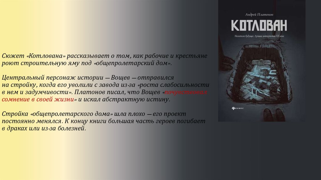 Сюжет «Котлована» рассказывает о том, как рабочие и крестьяне роют строительную яму под «общепролетарский дом». Центральный