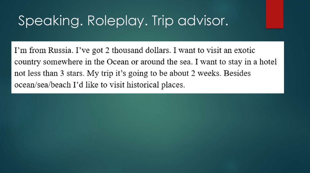 Speaking. Roleplay. Trip advisor.