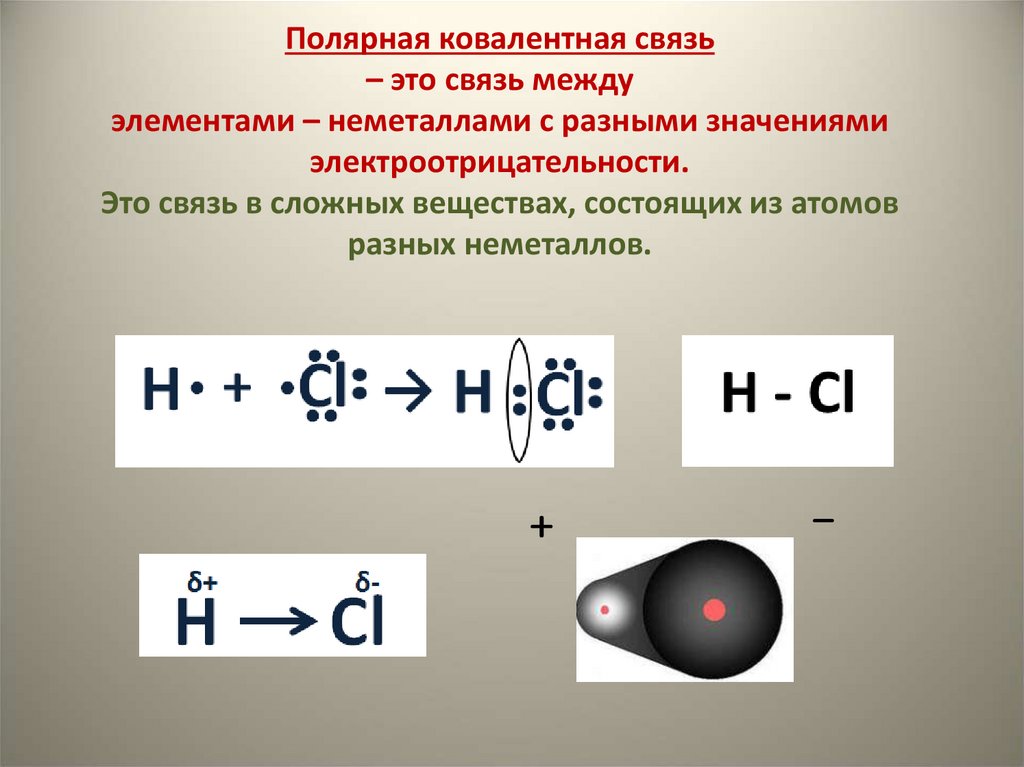 Полярная ковалентная связь – это связь между элементами – неметаллами с разными значениями электроотрицательности. Это связь в