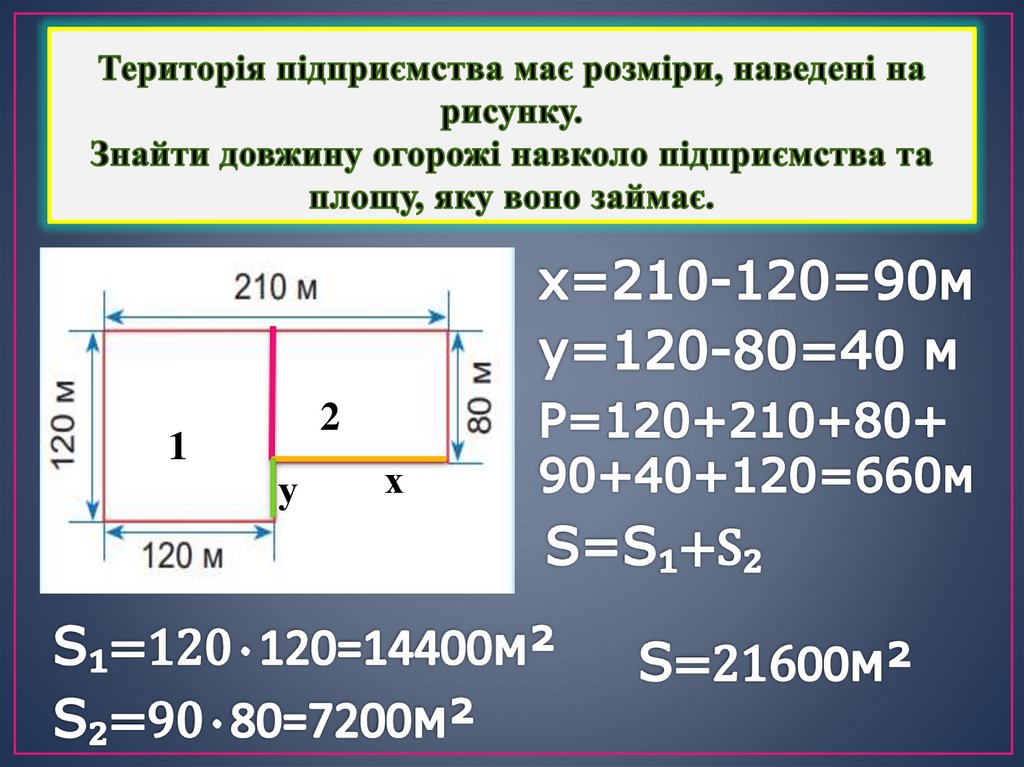 Територія підприємства має розміри, наведені на рисунку. Знайти довжину огорожі навколо підприємства та площу, яку воно займає.