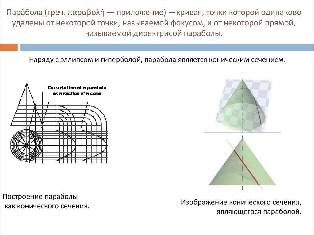 Пара́бола (греч. παραβολή — приложение) —кривая, точки которой одинаково удалены от некоторой точки, называемой фокусом, и от