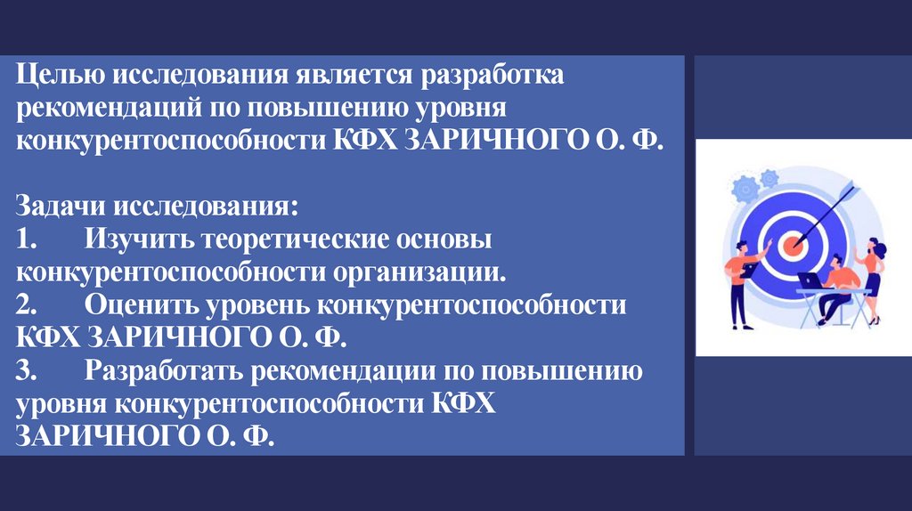 Целью исследования является разработка рекомендаций по повышению уровня конкурентоспособности КФХ ЗАРИЧНОГО О. Ф. Задачи