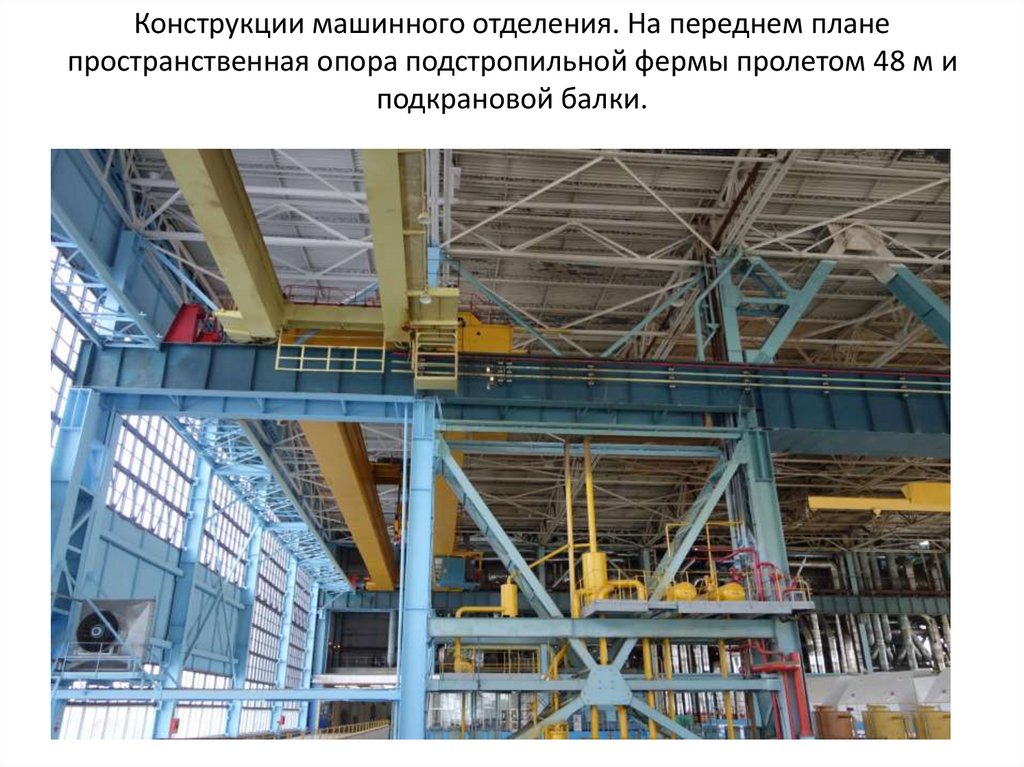 Конструкции машинного отделения. На переднем плане пространственная опора подстропильной фермы пролетом 48 м и подкрановой