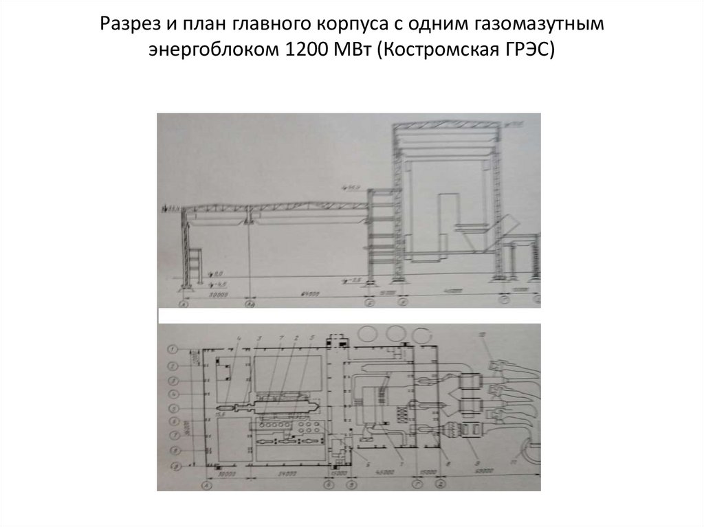 Разрез и план главного корпуса с одним газомазутным энергоблоком 1200 МВт (Костромская ГРЭС)