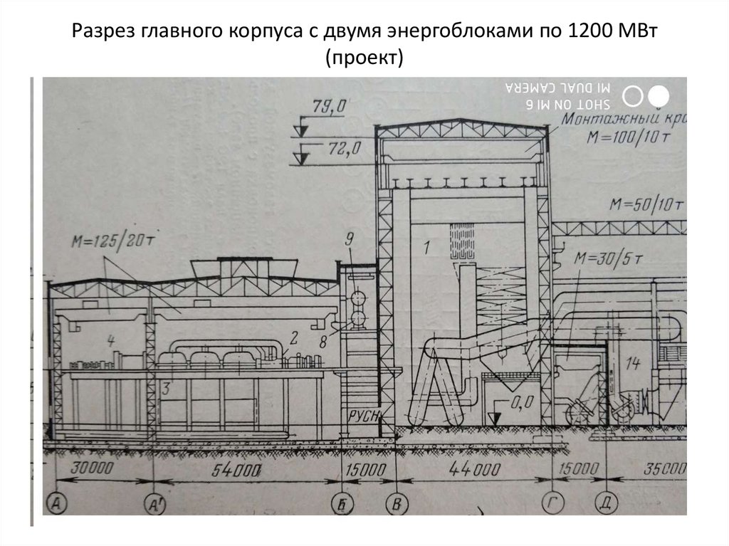 Разрез главного корпуса с двумя энергоблоками по 1200 МВт (проект)