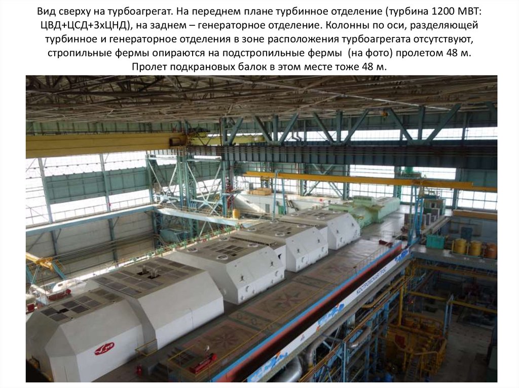 Вид сверху на турбоагрегат. На переднем плане турбинное отделение (турбина 1200 МВТ: ЦВД+ЦСД+3хЦНД), на заднем – генераторное