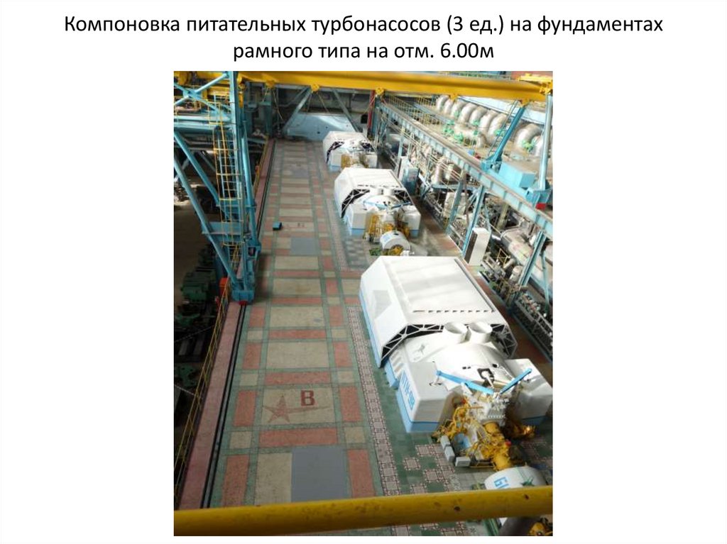 Компоновка питательных турбонасосов (3 ед.) на фундаментах рамного типа на отм. 6.00м