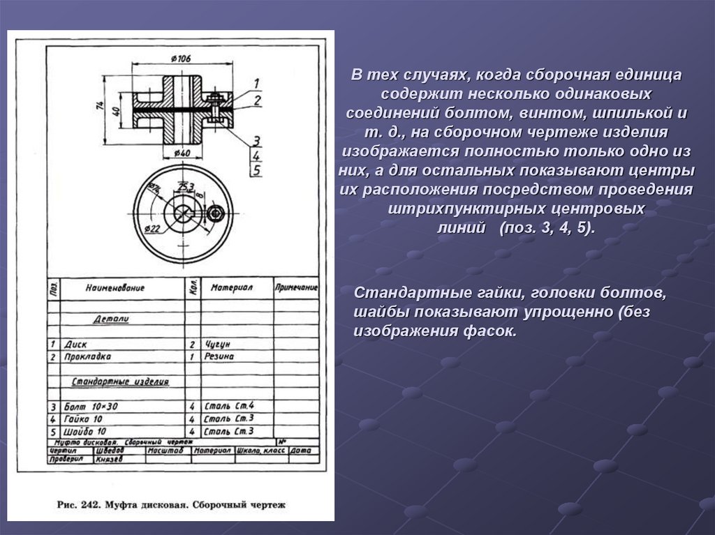 В тех случаях, когда сборочная единица содержит несколько одинаковых соединений болтом, винтом, шпилькой и т. д., на сборочном