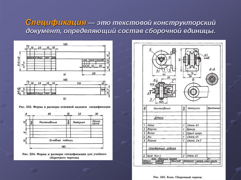 Спецификация — это текстовой конструкторский документ, определяющий состав сборочной единицы.