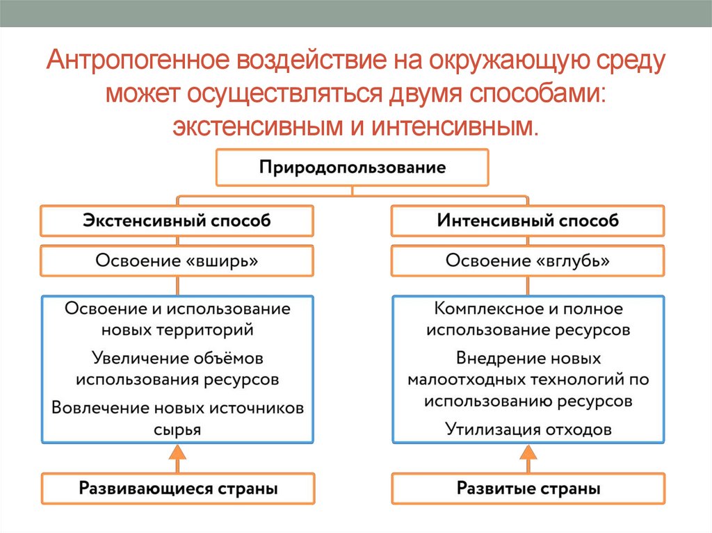 Антропогенное воздействие на окружающую среду может осуществляться двумя способами: экстенсивным и интенсивным.