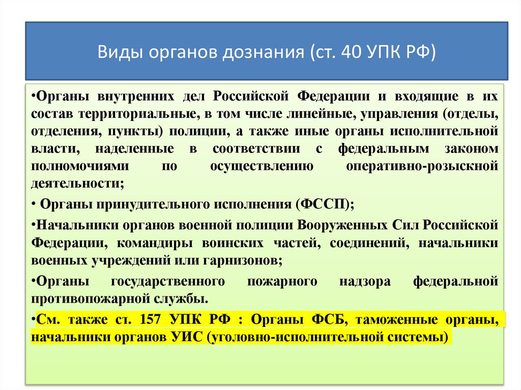 Виды органов дознания (ст. 40 УПК РФ)