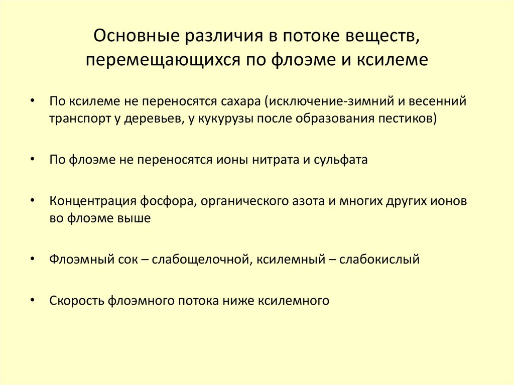Основные различия в потоке веществ, перемещающихся по флоэме и ксилеме