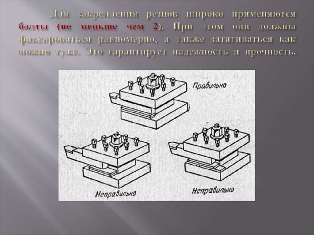 Для закрепления резцов широко применяются болты (не меньше чем 2). При этом они должны фиксироваться равномерно, а также