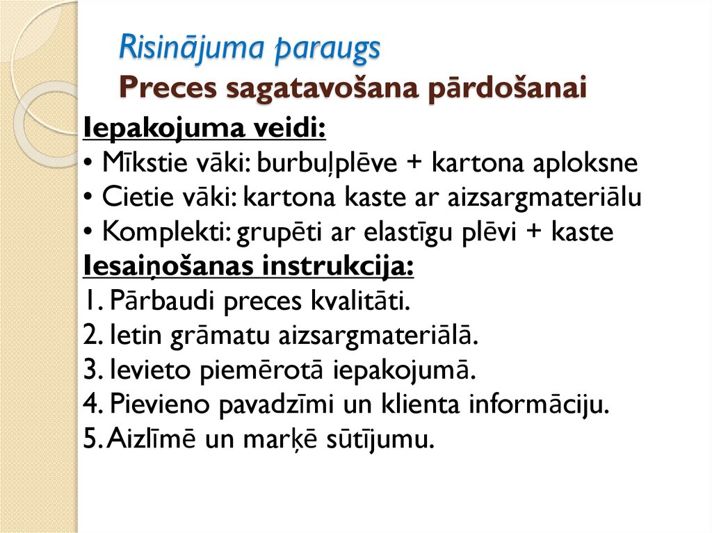 Risinājuma paraugs Preces sagatavošana pārdošanai