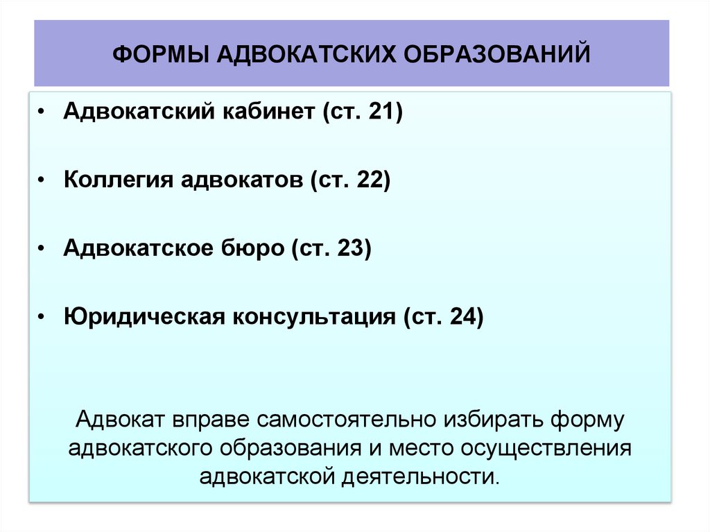 ФОРМЫ АДВОКАТСКИХ ОБРАЗОВАНИЙ