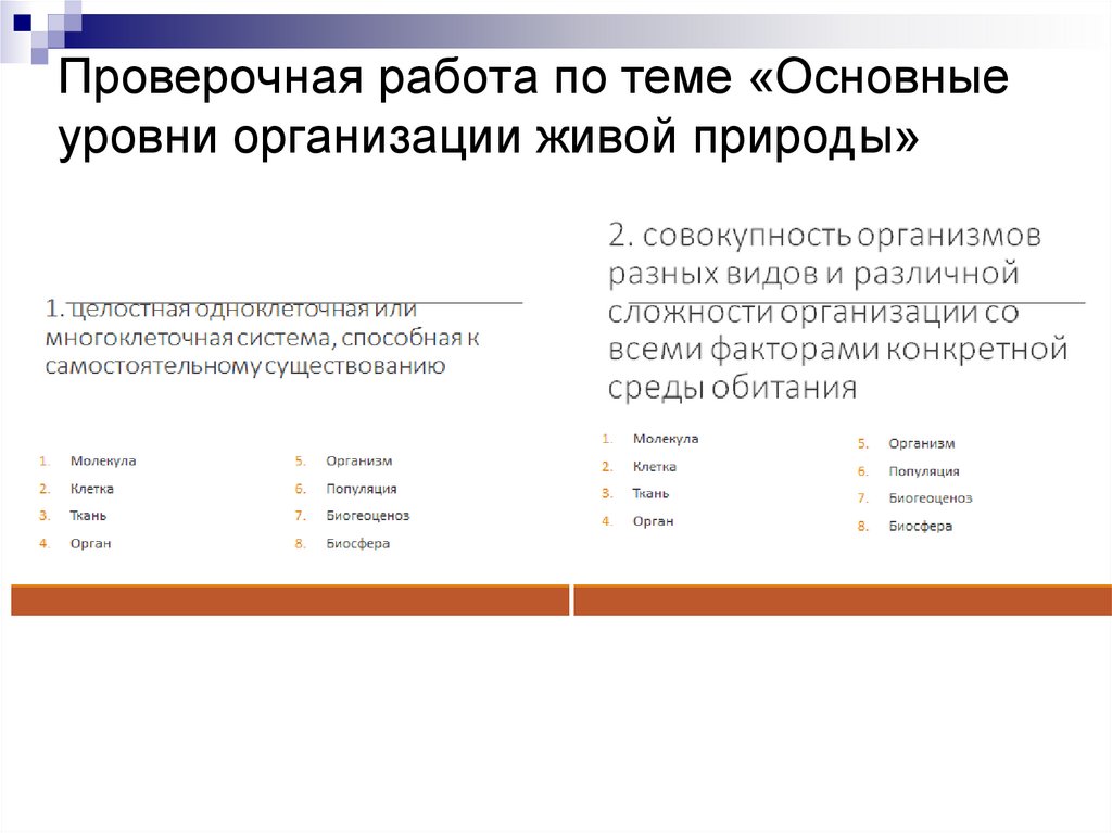 Проверочная работа по теме «Основные уровни организации живой природы»