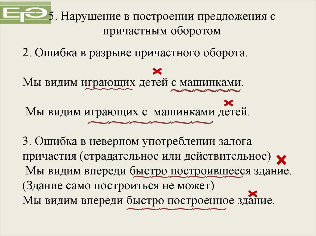 5. Нарушение в построении предложения с причастным оборотом