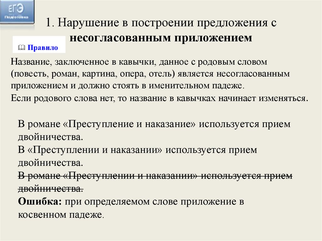 1. Нарушение в построении предложения с несогласованным приложением