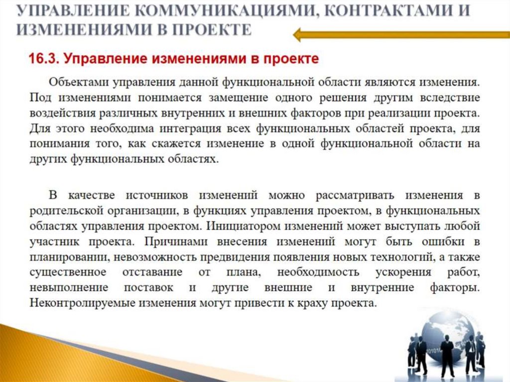 УПРАВЛЕНИЕ КОММУНИКАЦИЯМИ, КОНТРАКТАМИ И ИЗМЕНЕНИЯМИ В ПРОЕКТЕ