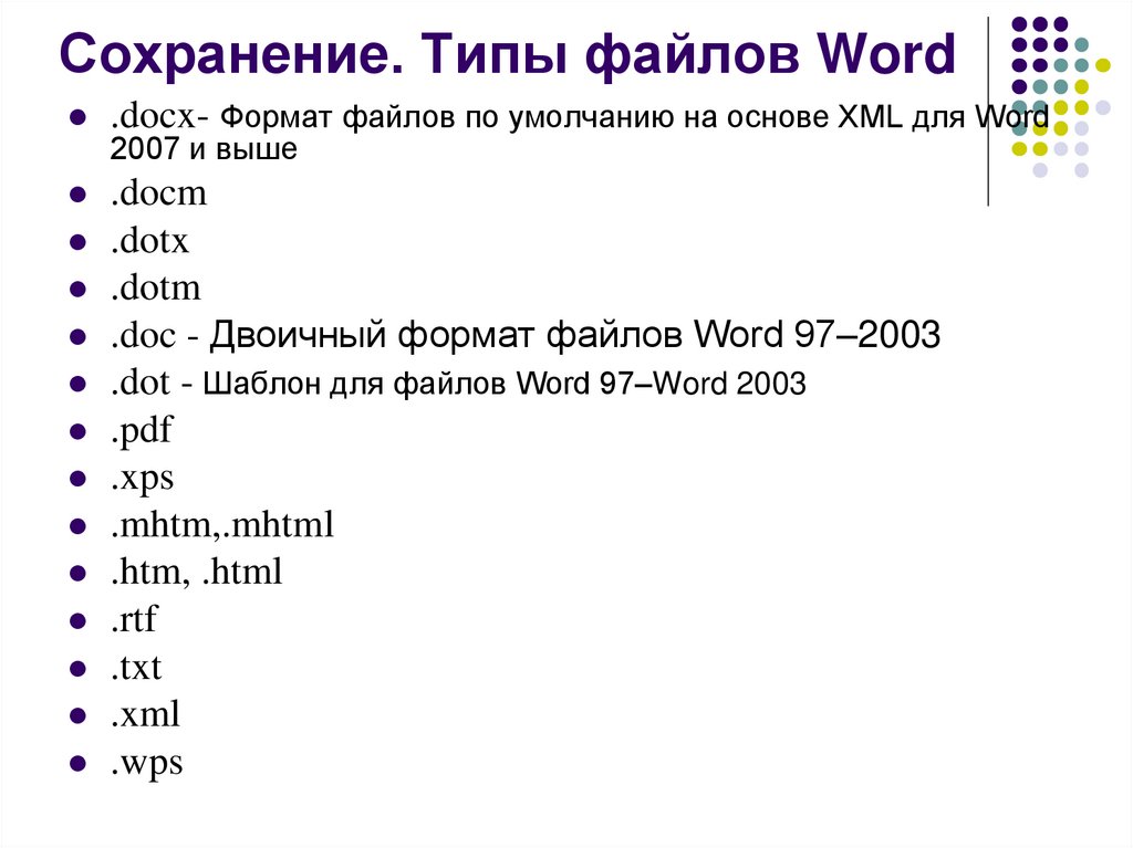 Сохранение. Типы файлов Word