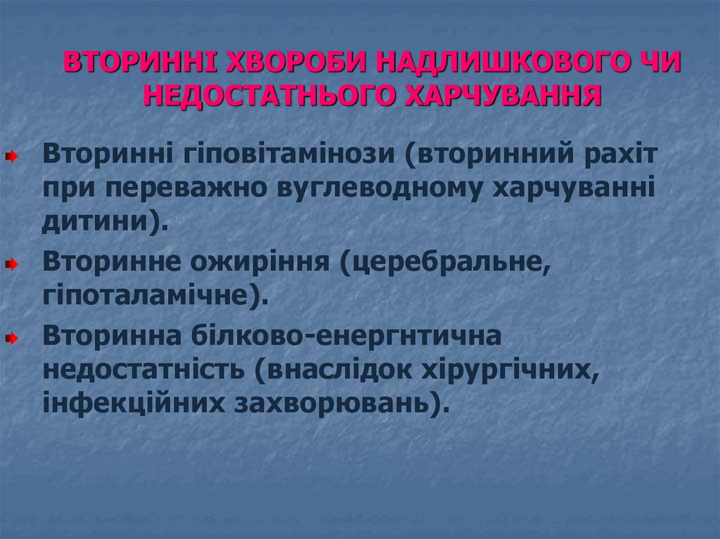 ВТОРИННІ ХВОРОБИ НАДЛИШКОВОГО ЧИ НЕДОСТАТНЬОГО ХАРЧУВАННЯ