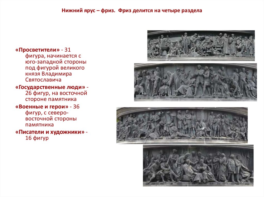 Нижний ярус – фриз. Фриз делится на четыре раздела