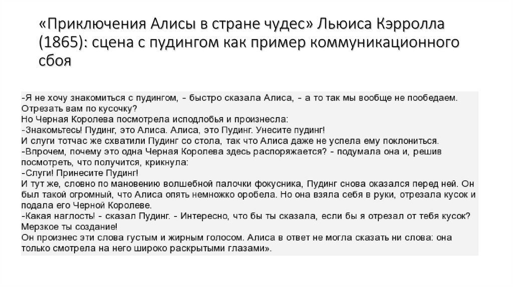 «Приключения Алисы в стране чудес» Льюиса Кэрролла (1865): сцена с пудингом как пример коммуникационного сбоя