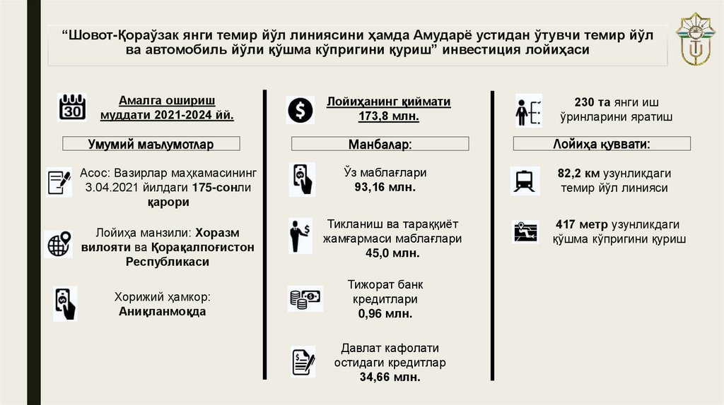 “Шовот-Қораўзак янги темир йўл линиясини ҳамда Амударё устидан ўтувчи темир йўл ва автомобиль йўли қўшма кўпригини қуриш”