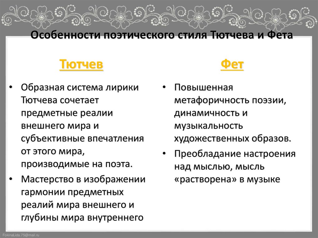 Особенности поэтического стиля Тютчева и Фета