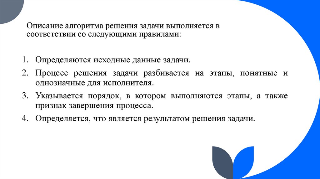 Описание алгоритма решения задачи выполняется в соответствии со следующими правилами: