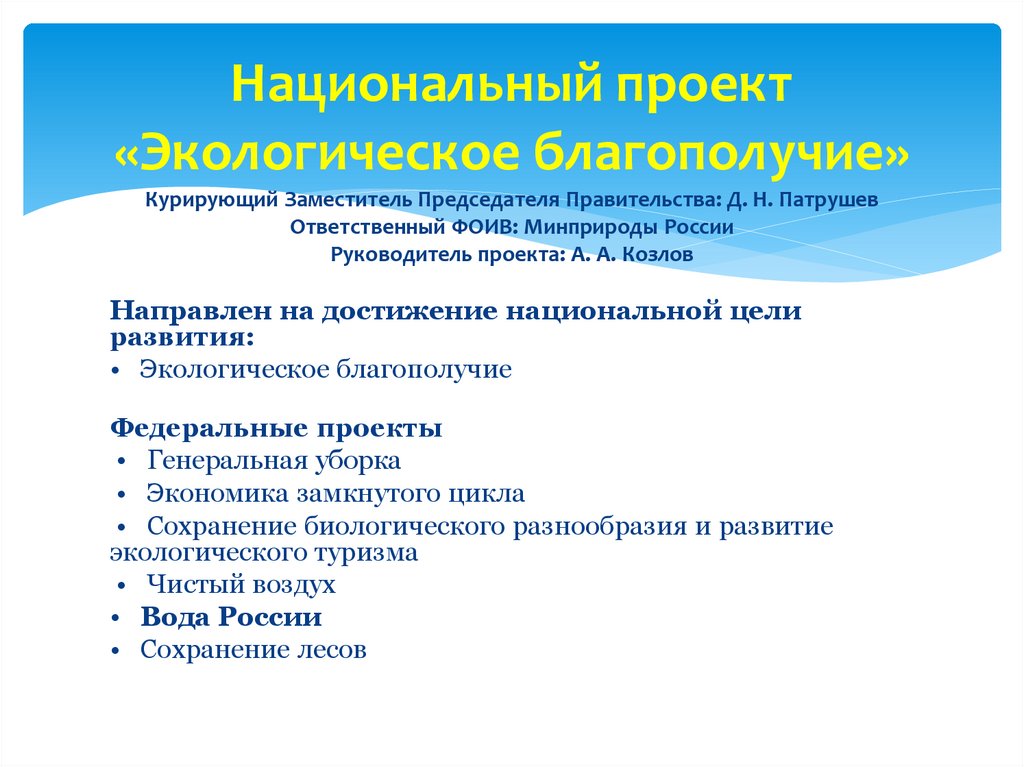 Национальный проект «Экологическое благополучие» Курирующий Заместитель Председателя Правительства: Д. Н. Патрушев