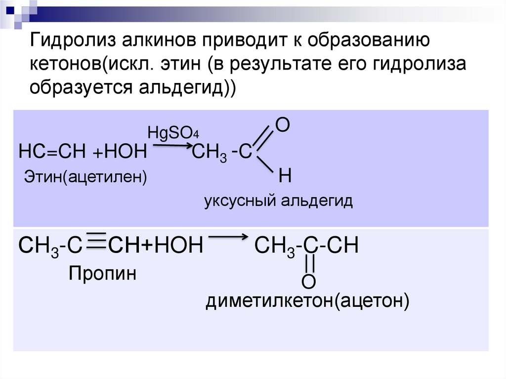 Гидролиз алкинов приводит к образованию кетонов(искл. этин (в результате его гидролиза образуется альдегид))