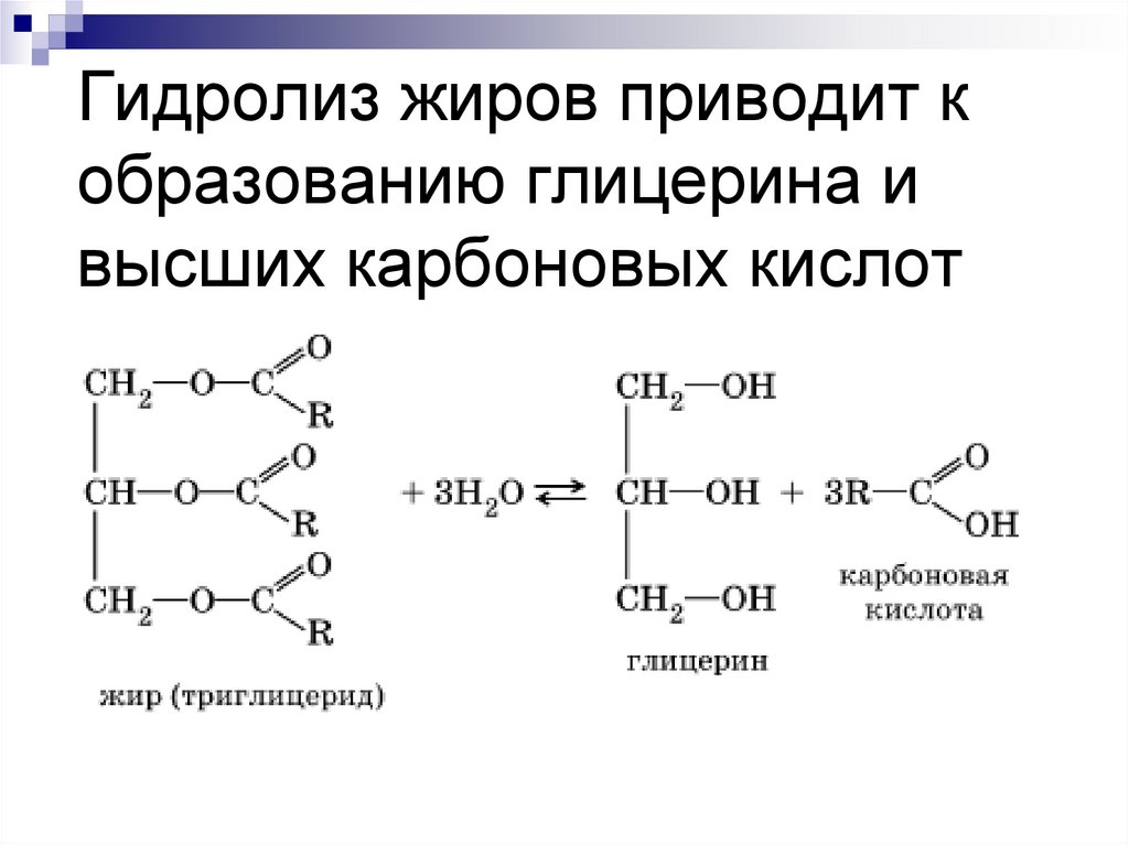 Гидролиз жиров приводит к образованию глицерина и высших карбоновых кислот