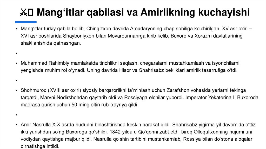 ⚔️ Mang‘itlar qabilasi va Amirlikning kuchayishi