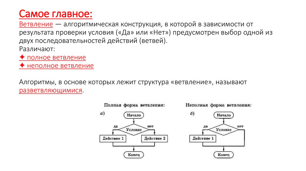 Самое главное: Ветвление — алгоритмическая конструкция, в которой в зависимости от результата проверки условия («Да» или «Нет»)