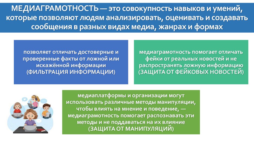 МЕДИАГРАМОТНОСТЬ — это совокупность навыков и умений, которые позволяют людям анализировать, оценивать и создавать сообщения в