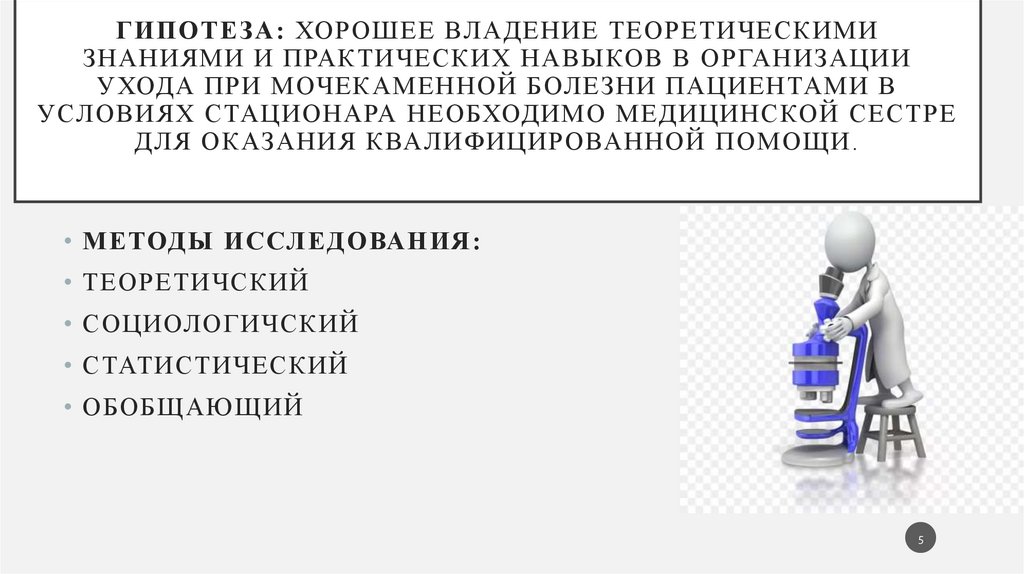 Гипотеза: Хорошее владение теоретическими знаниями и практических навыков в организации ухода при мочекаменной болезни