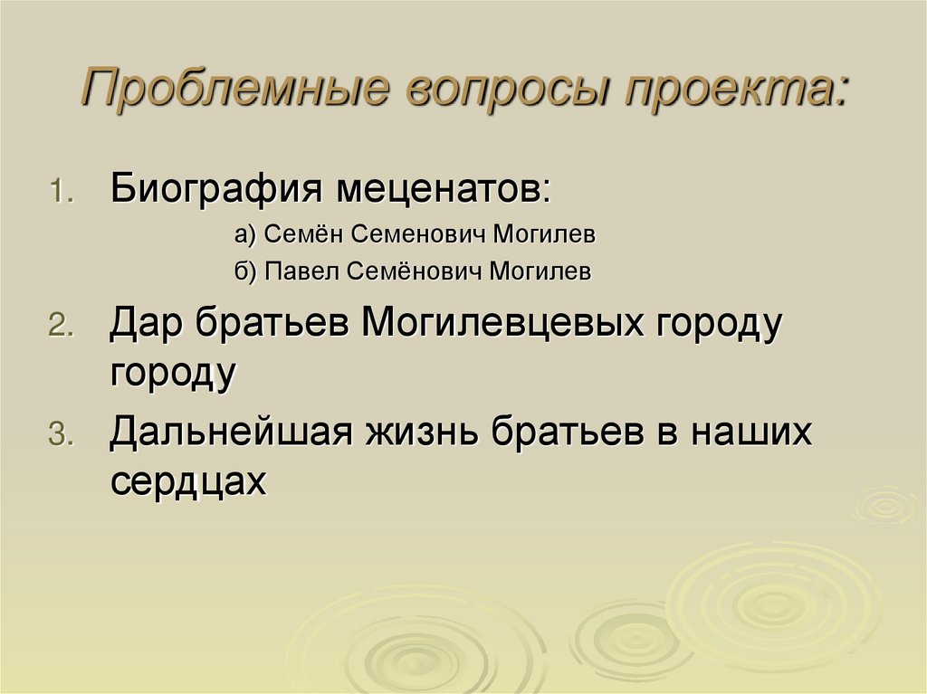 Проблемные вопросы проекта: