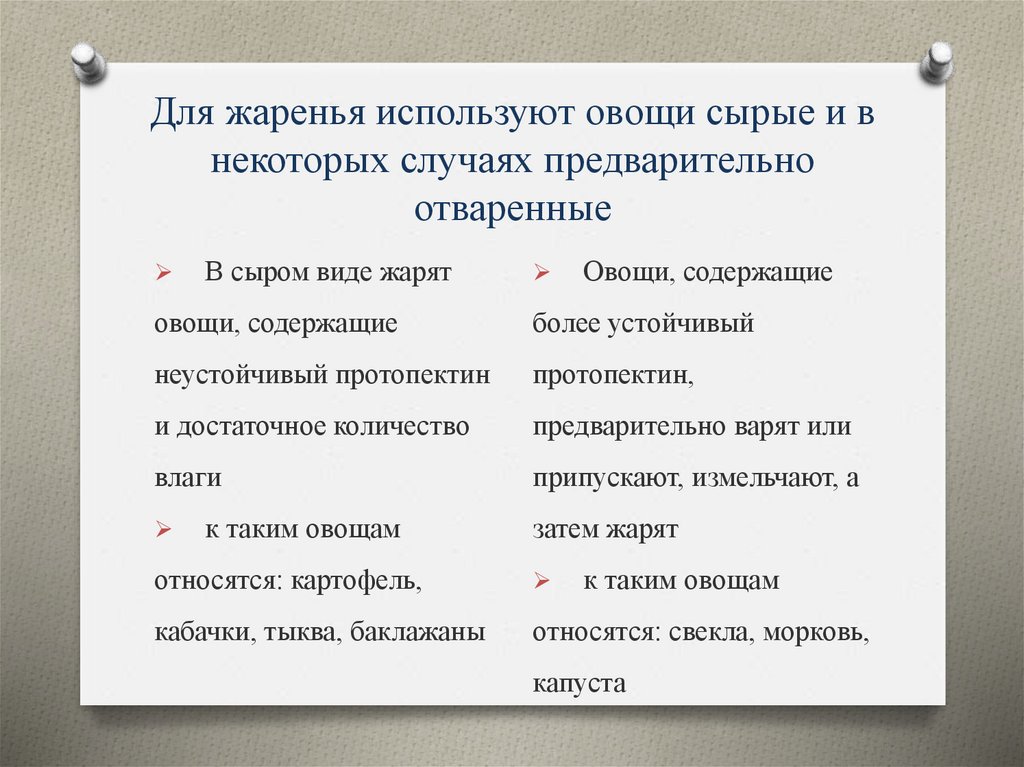 Для жаренья используют овощи сырые и в некоторых случаях предварительно отваренные